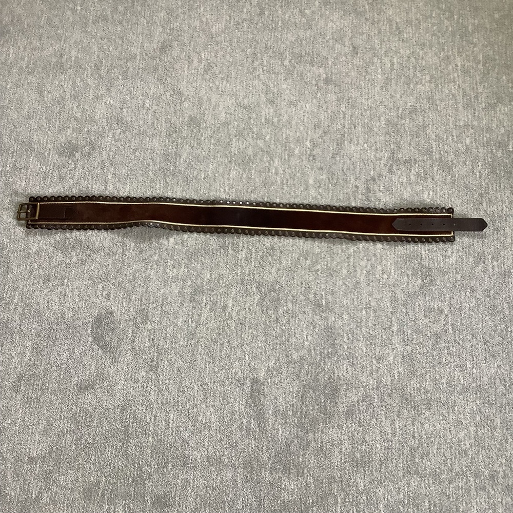 Brown Suede Leather Scallop Belt with Gold Accents Sz. L - Picture 2 of 6
